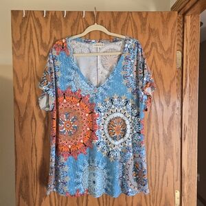 Lark & Ro Women's Blue and Orange V-Neck Top